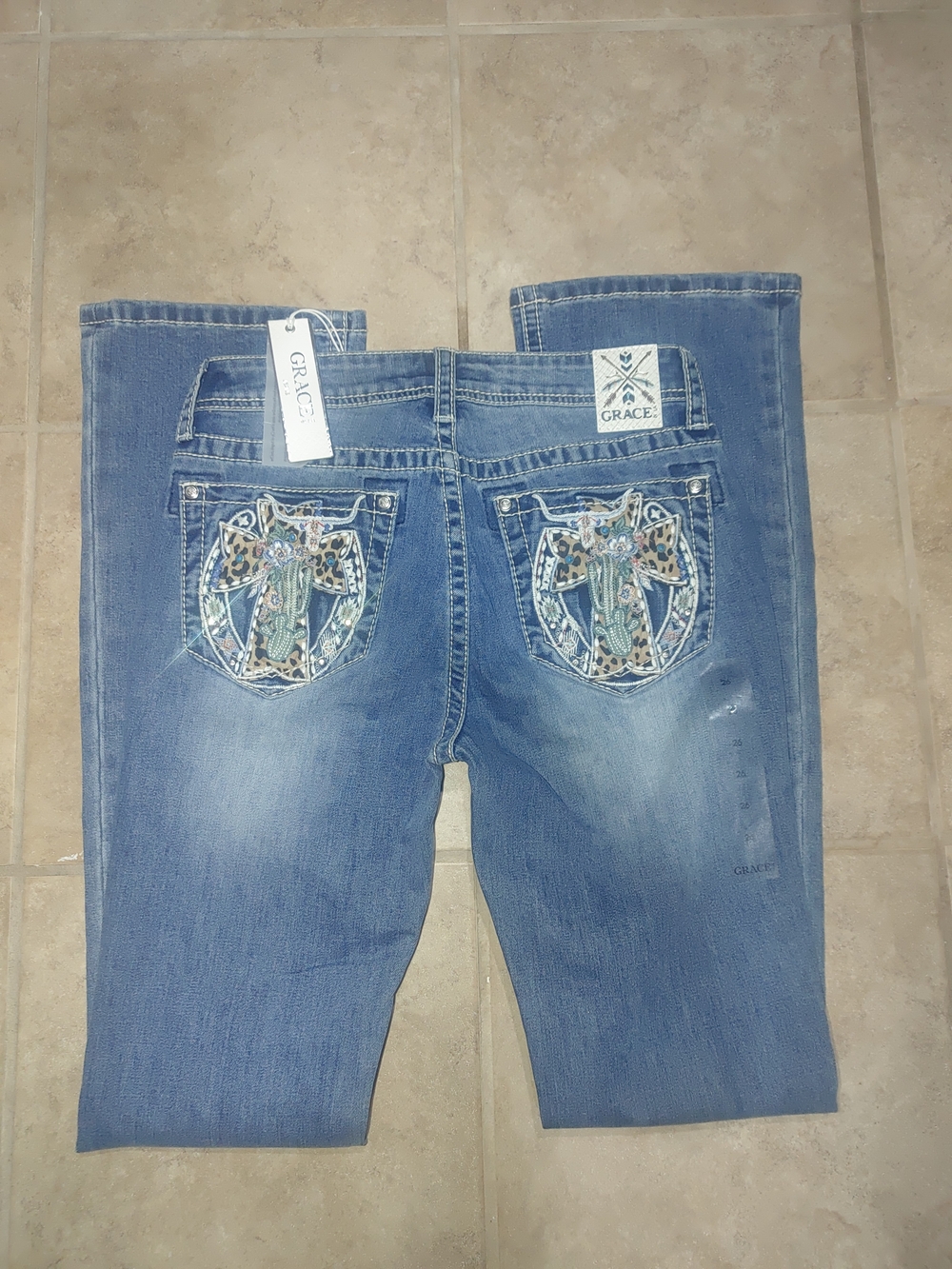 Grace In LA Embroidered Cross Leopard Western Blue Jeans